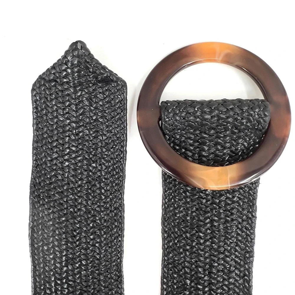 Womens M Wide Belt Black Woven Straw Raffia Boho Stretch Coastal Grandmother